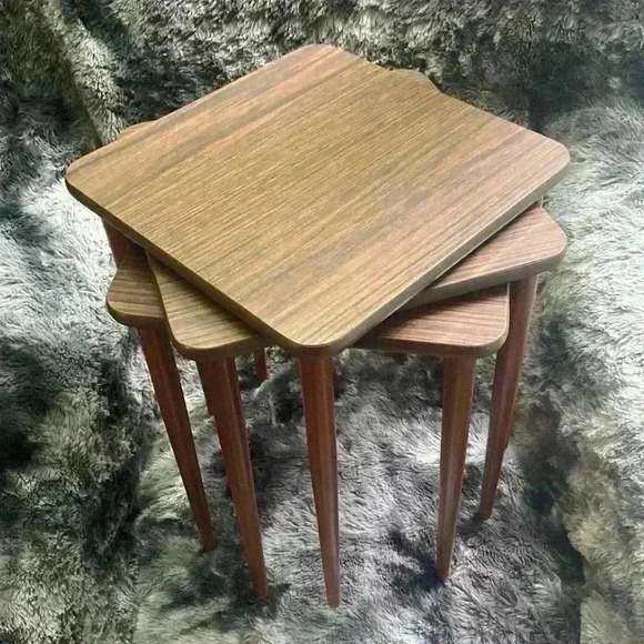 Set of  3 Mid Century Danish Modern Wood Formica Stacking Nesting
Tables - Picture 6 of 16
